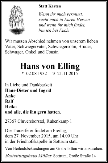 Traueranzeige von Hans von Elling von KRZ