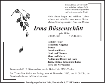 Traueranzeige von Irma Büssenschütt von KRZ