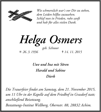 Traueranzeige von Helga Osmers von KRZ