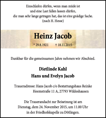 Traueranzeige von Heinz Jacob von KRZ