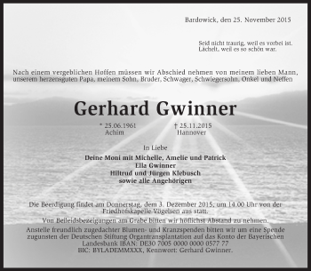 Traueranzeige von Gerhard Gwinner von KRZ