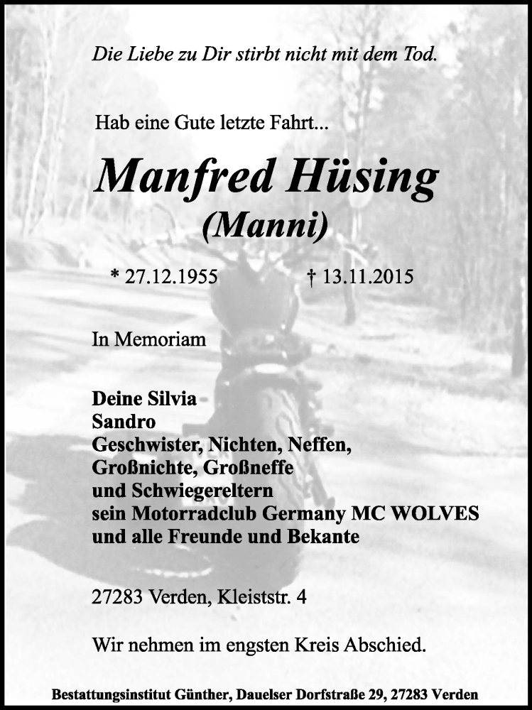  Traueranzeige für Manfred Hüsing vom 21.11.2015 aus KRZ