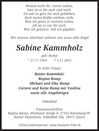 Traueranzeige von Sabine Kammholz von KRZ