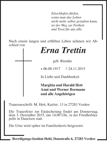 Traueranzeige von Erna Trettin von KRZ