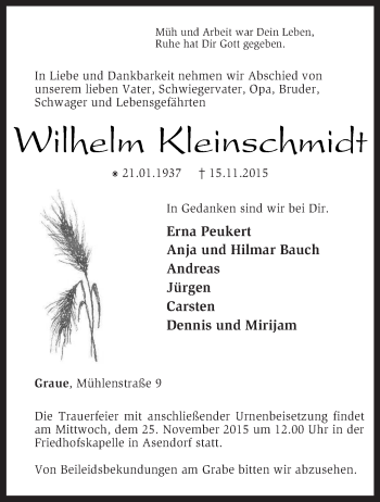 Traueranzeige von Wilhelm Kleinschmidt von KRZ