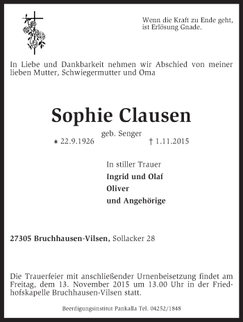 Traueranzeige von Sophie Clausen von KRZ