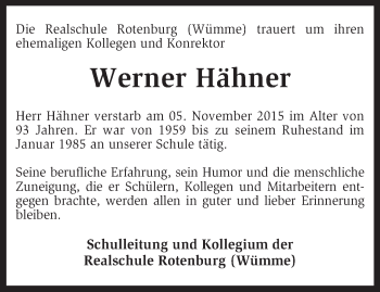 Traueranzeige von Werner Hähner von KRZ