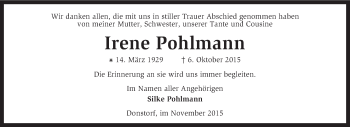 Traueranzeige von Irene Pohlmann von KRZ