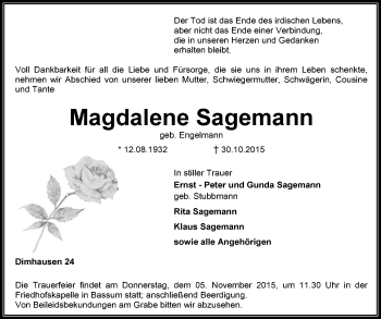 Traueranzeige von Magdalene Sagemann von KRZ