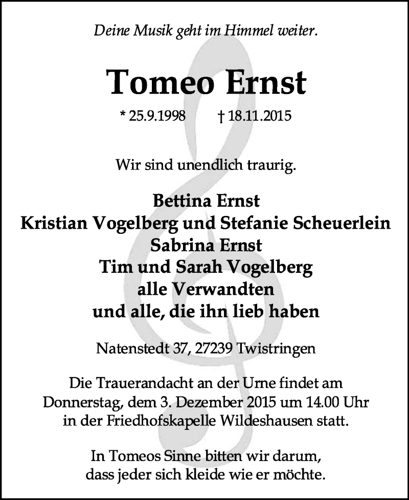  Traueranzeige für Tomeo Ernst vom 25.11.2015 aus KRZ