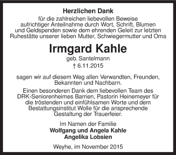 Traueranzeige von Irmgard Kahle von KRZ