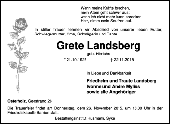 Traueranzeige von Grete Landsberg von KRZ