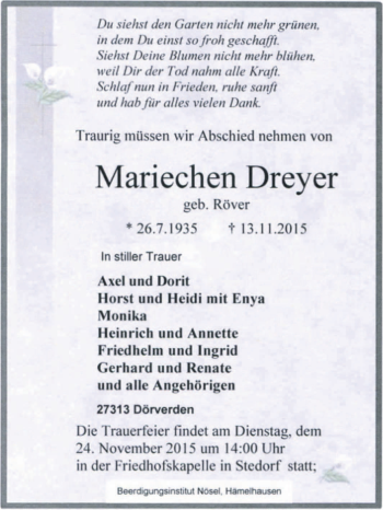 Traueranzeige von Mariechen Dreyer von KRZ