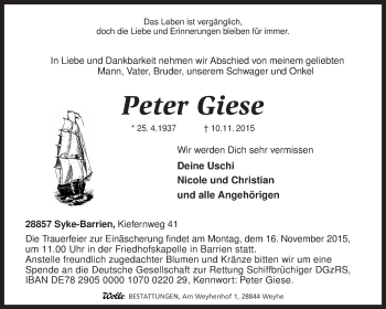 Traueranzeige von Peter Giese von KRZ