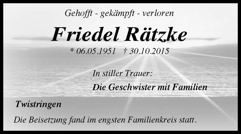  Traueranzeige für Friedel Rätzke vom 16.11.2015 aus KRZ