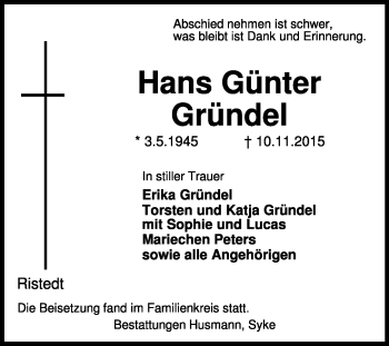 Traueranzeige von Hans Günter Gründler von KRZ