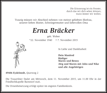 Traueranzeige von Erna Bräcker von KRZ