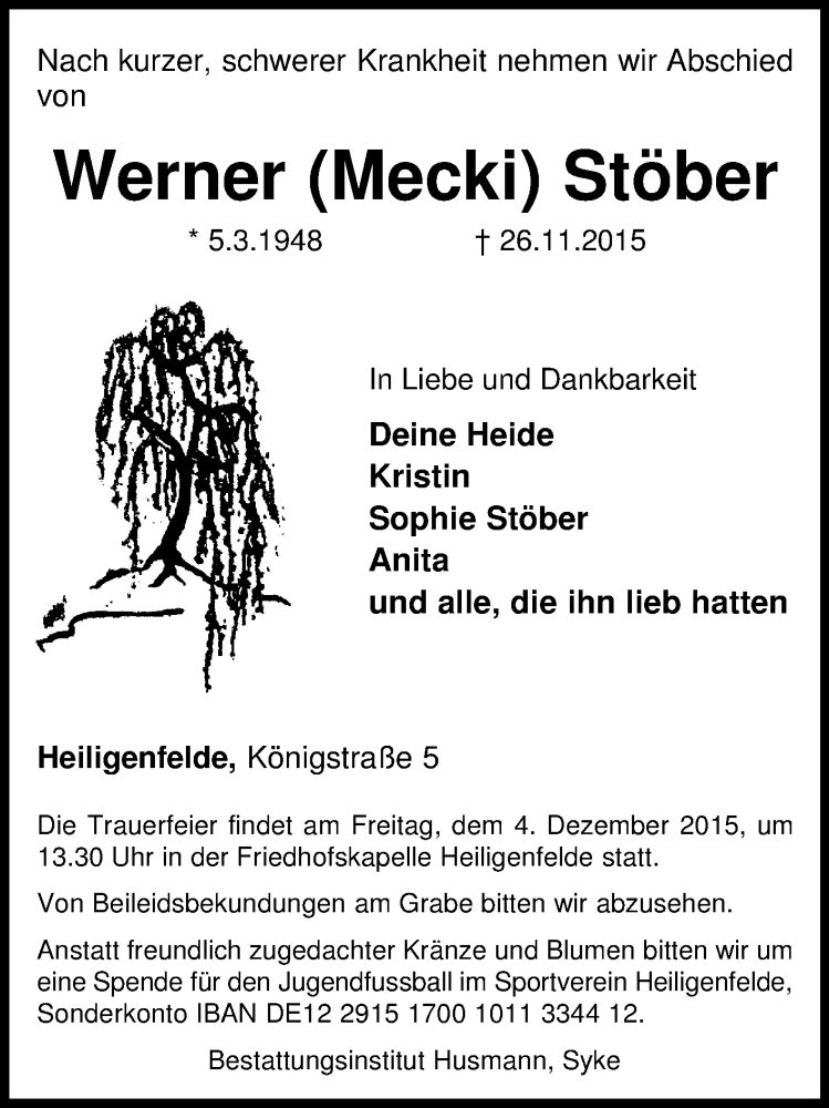  Traueranzeige für Werner Stöber vom 28.11.2015 aus KRZ