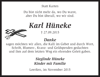 Traueranzeige von Karl Hüneke von KRZ