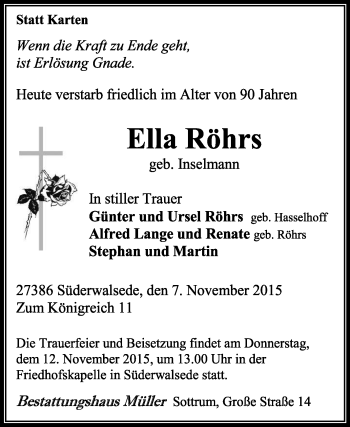 Traueranzeige von Ella Röhrs von KRZ