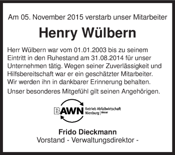 Traueranzeige von Henry Wülbern von KRZ