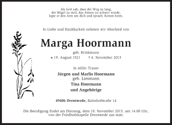 Traueranzeige von Marga Hoormann von KRZ