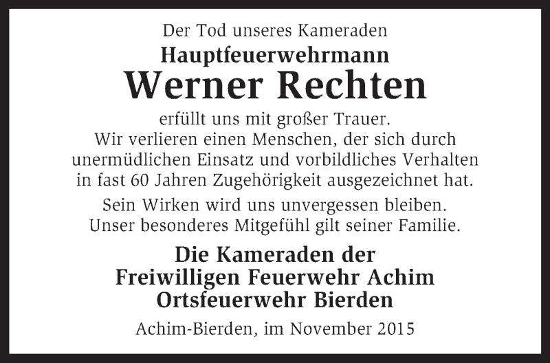  Traueranzeige für Werner Rechten vom 25.11.2015 aus KRZ
