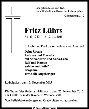 Traueranzeige von Fritz Lührs von KRZ