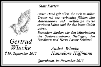 Traueranzeige von Gertrud Wlecke von KRZ