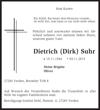 Traueranzeige von Dietrich Suhr von KRZ