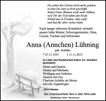 Traueranzeige von Anna Lühning von KRZ