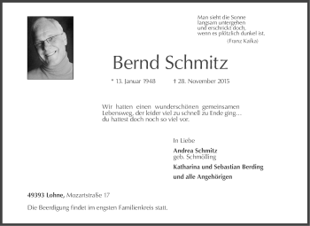 Traueranzeige von Bernd Schmitz von KRZ