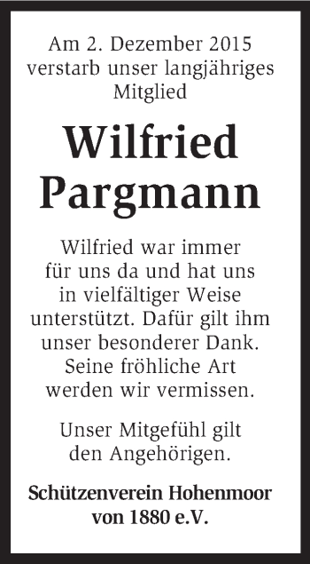 Traueranzeige von Wilfried Pargmann von KRZ