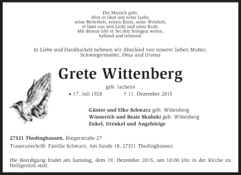 Traueranzeige von Grete Wittenberg von KRZ