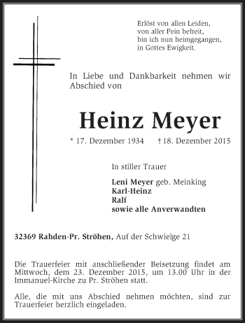 Traueranzeige von Heinz Meyer von KRZ