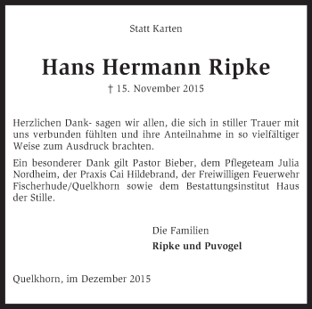 Traueranzeige von Hans Hermann Ripke von KRZ