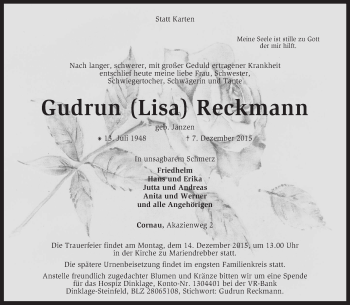 Traueranzeige von Gudrun Reckmann von KRZ