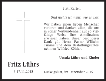 Traueranzeige von Fritz Lührs von KRZ