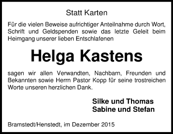 Traueranzeige von Helga Kastens von KRZ