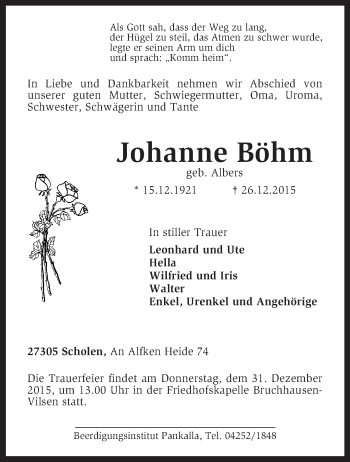 Traueranzeige von Johanne Böhm von KRZ