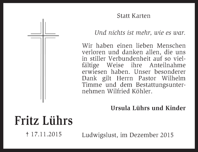  Traueranzeige für Fritz Lührs vom 24.12.2015 aus KRZ