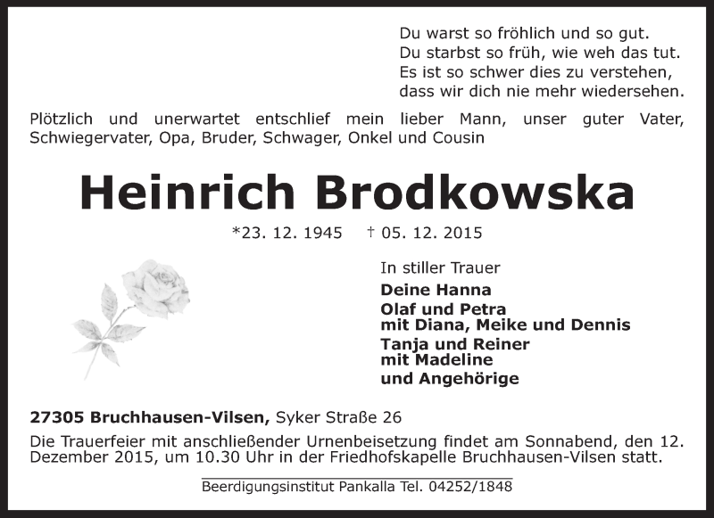  Traueranzeige für Heinrich Brodkowska vom 07.12.2015 aus KRZ