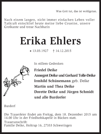 Traueranzeige von Erika Ehlers von KRZ