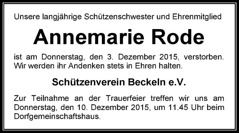  Traueranzeige für Annemarie Rode vom 05.12.2015 aus KRZ