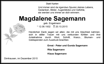 Traueranzeige von Magdalene Sagemann von KRZ