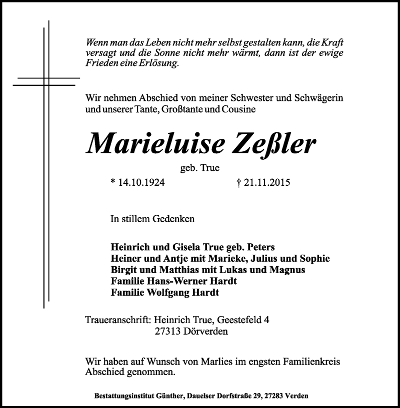  Traueranzeige für Marieluise Zeßler vom 02.12.2015 aus KRZ