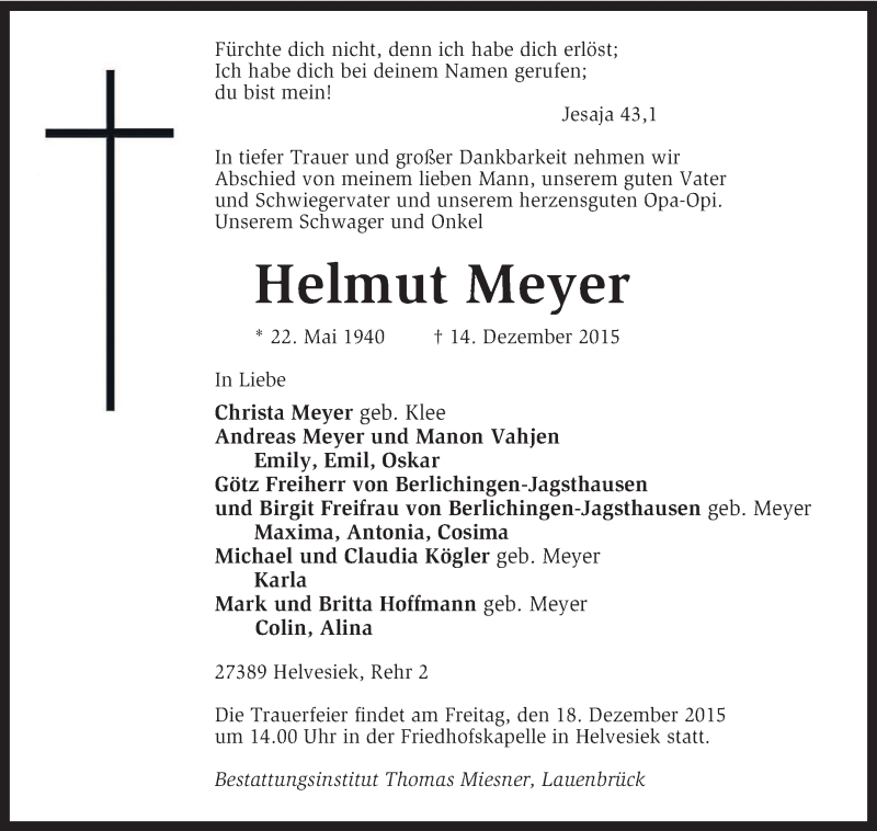  Traueranzeige für Helmut Meyer vom 16.12.2015 aus KRZ