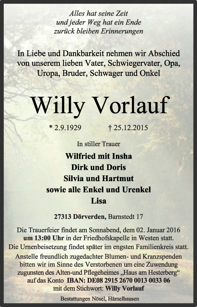  Traueranzeige für Willy Vorlauf vom 29.12.2015 aus KRZ