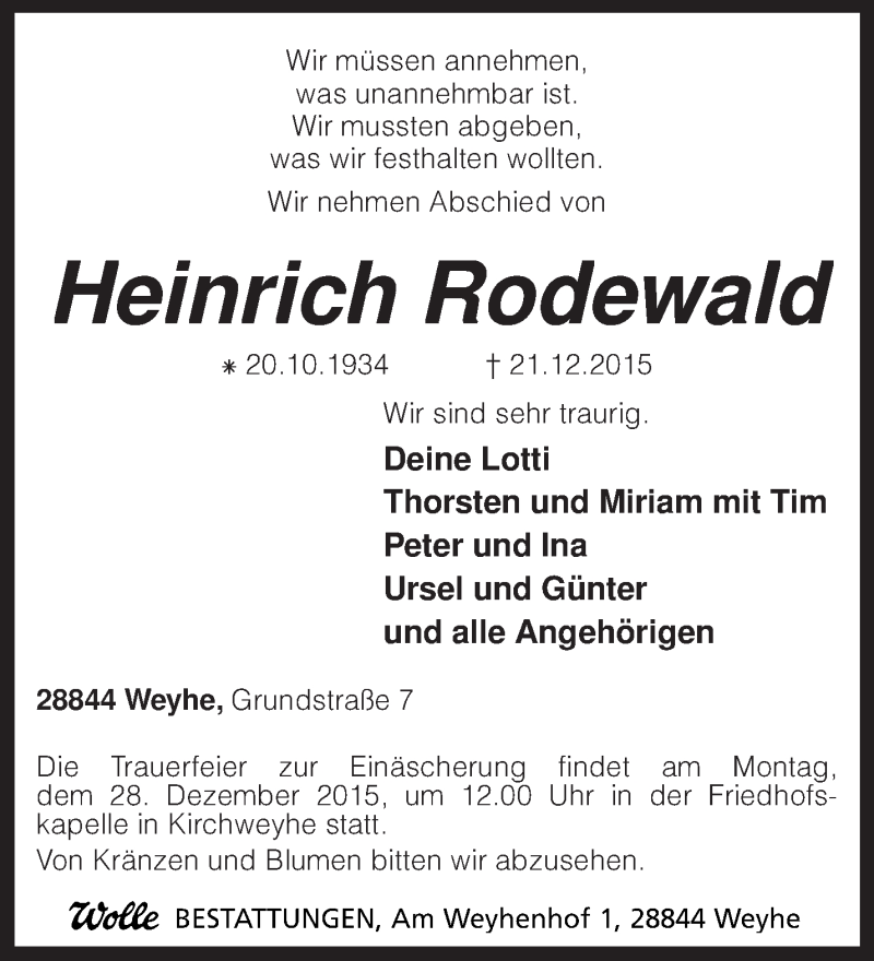  Traueranzeige für Heinrich Rodewald vom 23.12.2015 aus KRZ