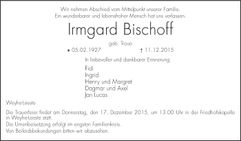 Traueranzeige von Irmgard Bischoff von KRZ